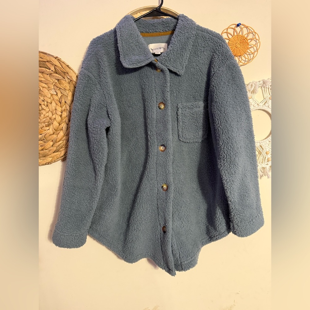 Koolaburra Plush Button-Up Jacket in Dusty Blue